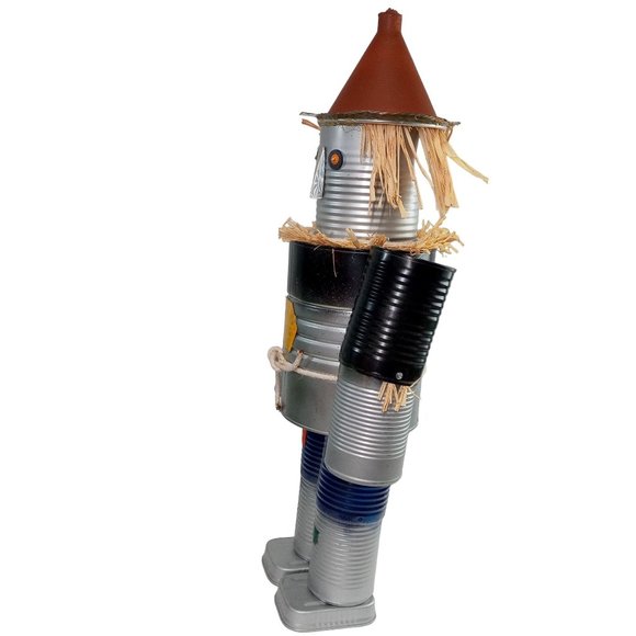 Folk Art Tin Man Scarecrow Sculpture Wizard Of Oz Recycled Robot Vintage 26 Inch - Picture 4 of 16